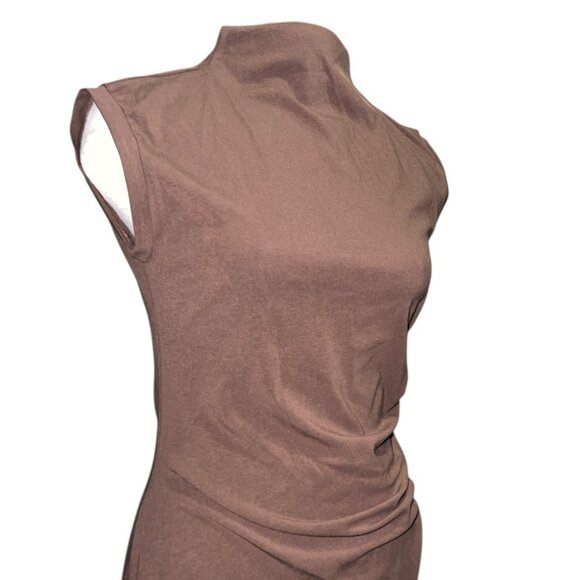 OGL Mockneck Tucks Midi Dress Sz Medium Womens Brown Sleeveless Stretchy Ruched - Picture 6 of 16